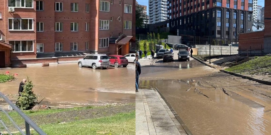 Дорогу и жилой двор на улице Лескова в Новосибирске затопило кипятком