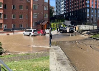 Дорогу и жилой двор на улице Лескова в Новосибирске затопило кипятком