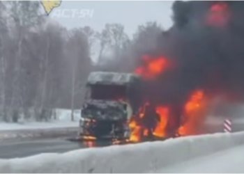 На трассе под Новосибирском дотла сгорел грузовик с прицепом: видео
